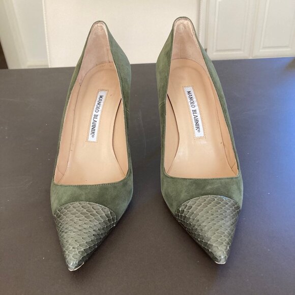 Manolo Blahnik Bipunta Leather Suede Olive Green Pumps Heels IOB EU 37.5 US 7 - Picture 4 of 16